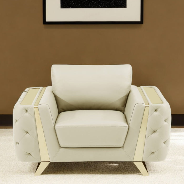 Genuine Leather Tufted Club Chair - Beige And Gold