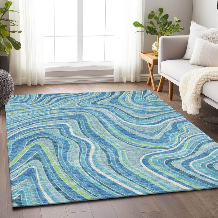 10' X 14' Marble Washable Area Rug With UV Protection - Blue