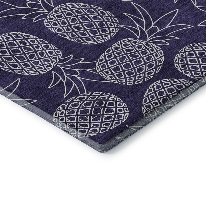 8' Boical Leaves Washable Round Rug With UV Protection - Blue And Ivory