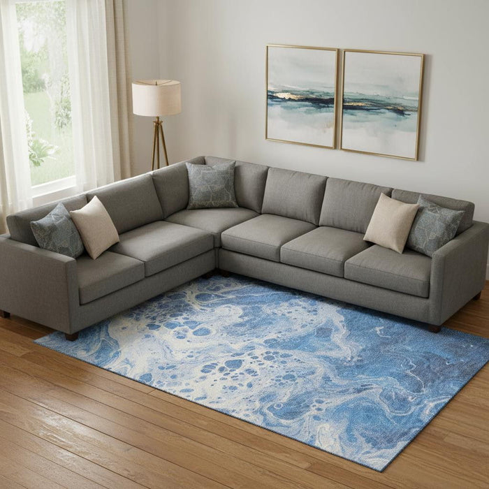 10' X 14' Abstract Washable Area Rug With UV Protection (697740) - Navy Blue / Ivory