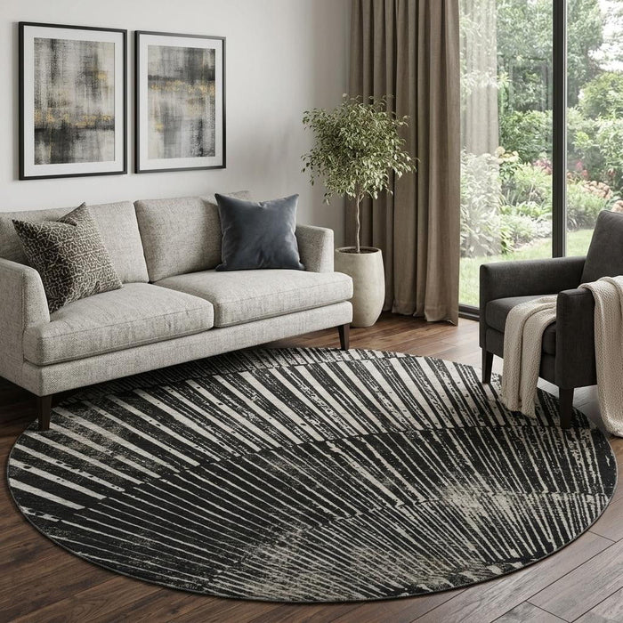 8' Geometric Washable Round Rug With UV Protection (648319) - Black / Ivory