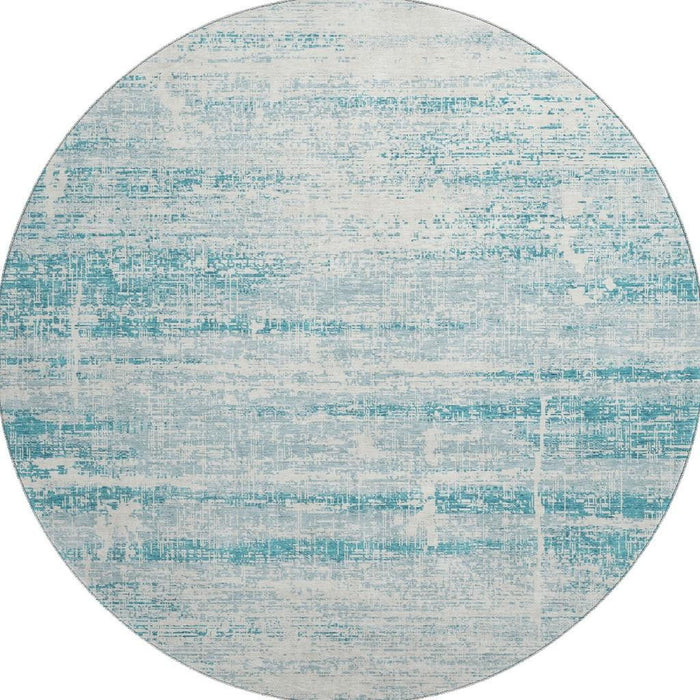 8' Abstract Washable Round Rug Polyester With UV Protection - Teal And Ivory
