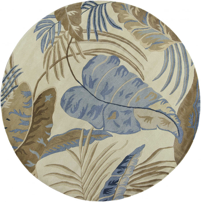 8' Hand Tufted Tropical Leaves Round Indoor Area Rug - Ivory Blue