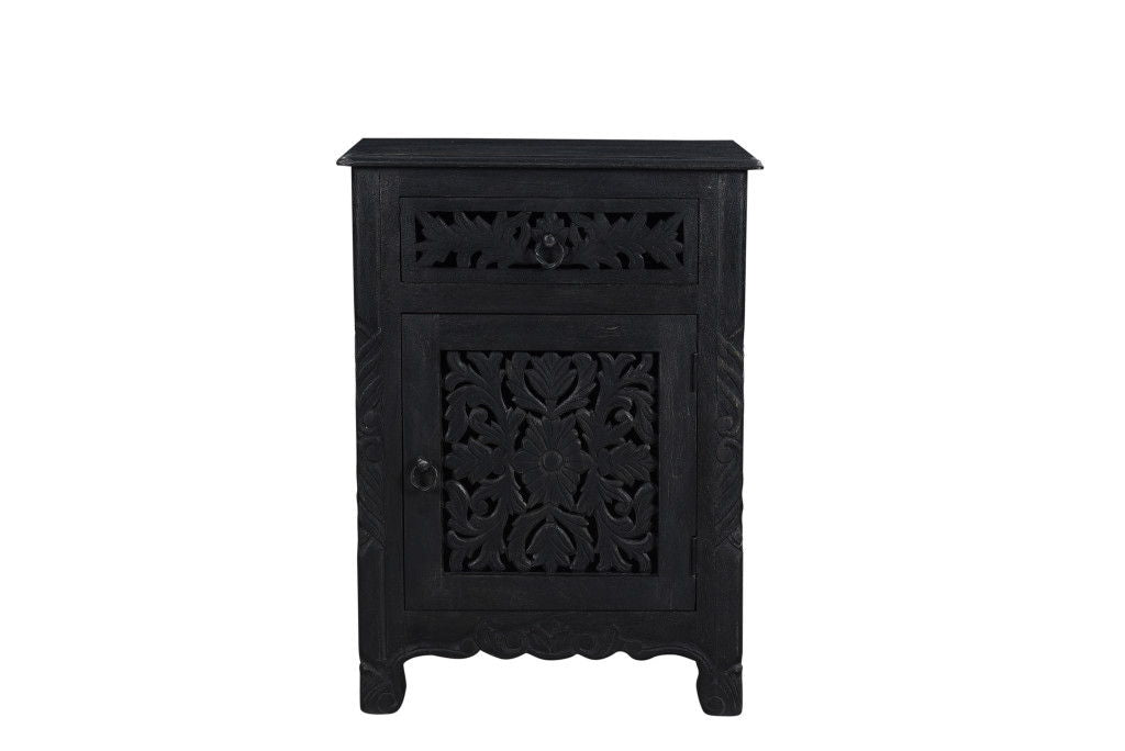 One Drawer Carved Floral Solid Wood Nightstand - Distressed Black
