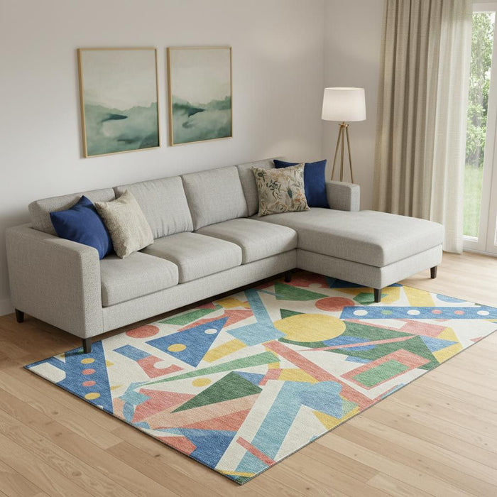 10' X 14' Geometric Washable Area Rug With UV Protection (697380) - Blue / Yellow / Coral