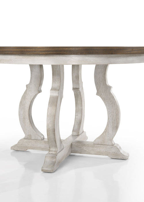 Giga Havanna 5-piece wide round dining table set with vintage walnut finish and off-white chairs for stylish dining rooms.