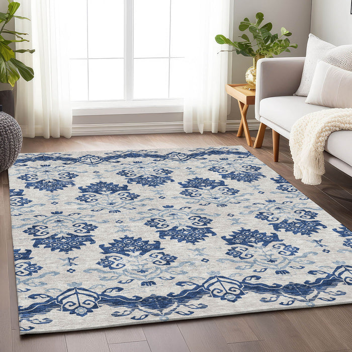 9' X 12' Medallion Washable Area Rug With UV Protection - Navy Blue And Ivory