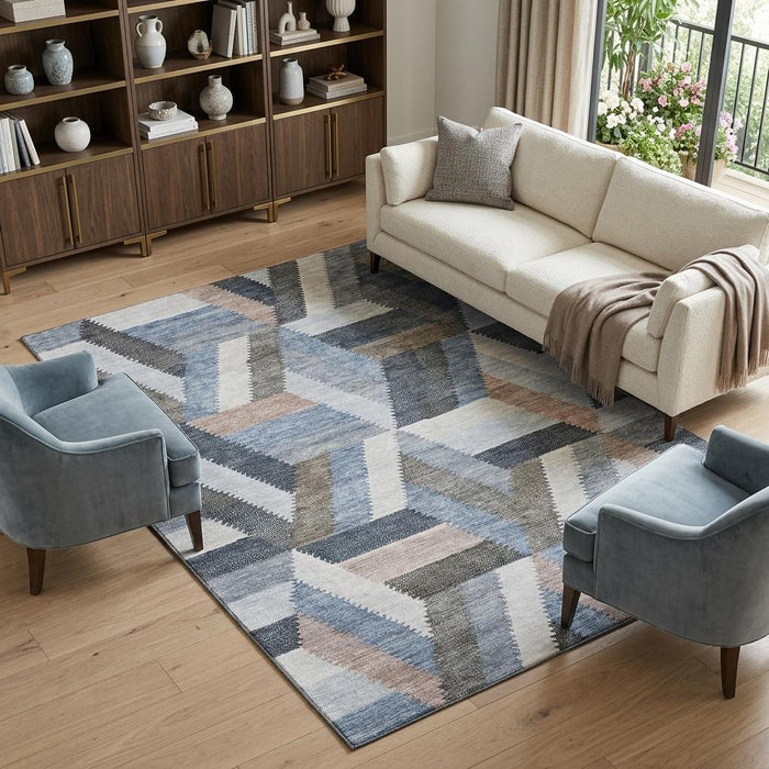10' X 14' Geometric Washable Area Rug With UV Protection (692442) - Blue / Silver / Gray