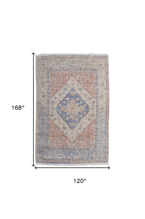 10' X 14' Abstract Hand Woven Distressed Area Rug With Fringe - Red