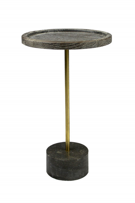 20" Solid Wood And Marble Round End Table - Black And Brown