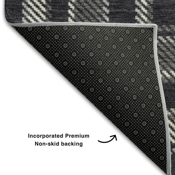 10' X 14' Plaid Washable Area Rug With UV Protection (649426) - Black / Ivory