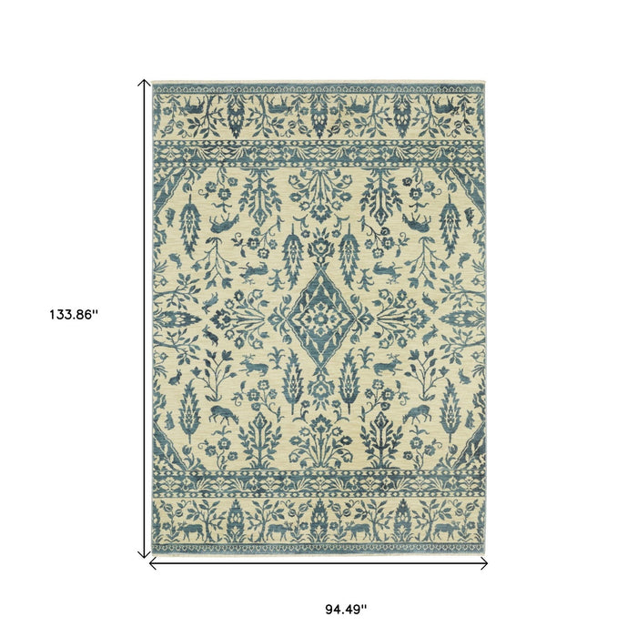 11' X 8' Oriental Area Rug With Fringe - Ivory / Blue