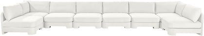 Beige velvet upholstered Hammond 8-piece U-shaped armless sectional sofa by Meridian Furniture, stationary living room furniture.