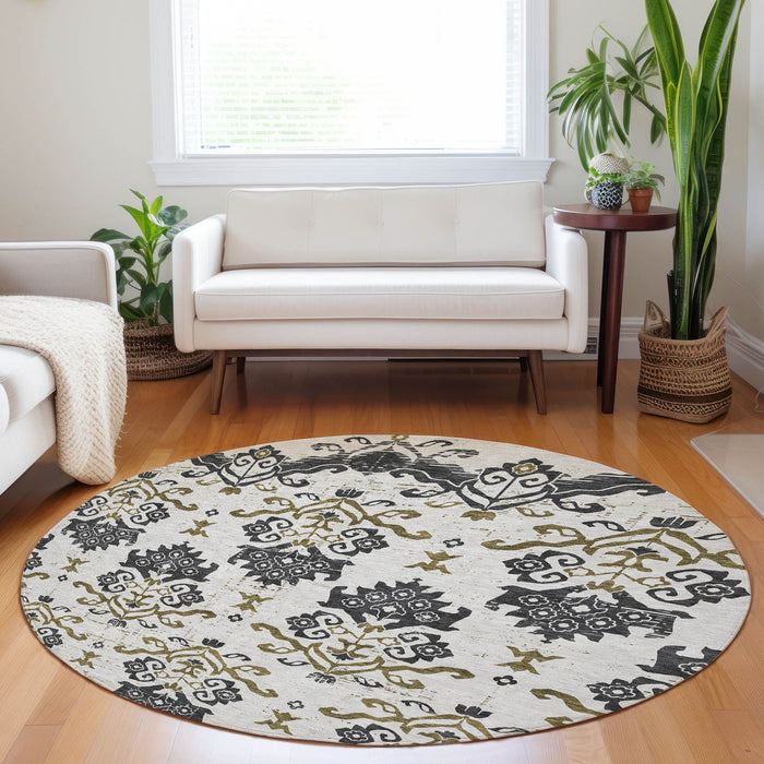 8' Transitional Medallion Washable Round Rug With UV Protection - Black