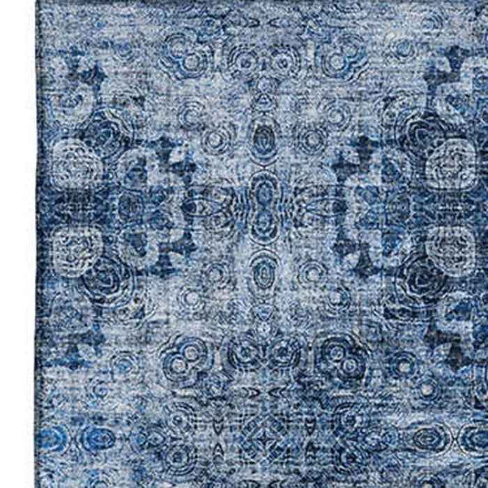 10' X 14' Floral Medallion Distressed Washable Area Rug With UV Protection (648934) - Navy Blue / Ivory
