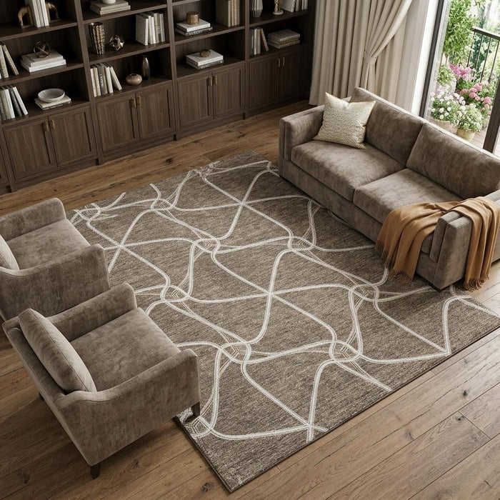 10' X 14' Geometric Washable Area Rug With UV Protection (675366) - Brown / Ivory