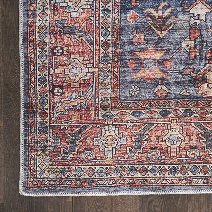 9' x 12' Oriental Power Loom Distressed Washable Non Skid Area Rug - Red And Blue