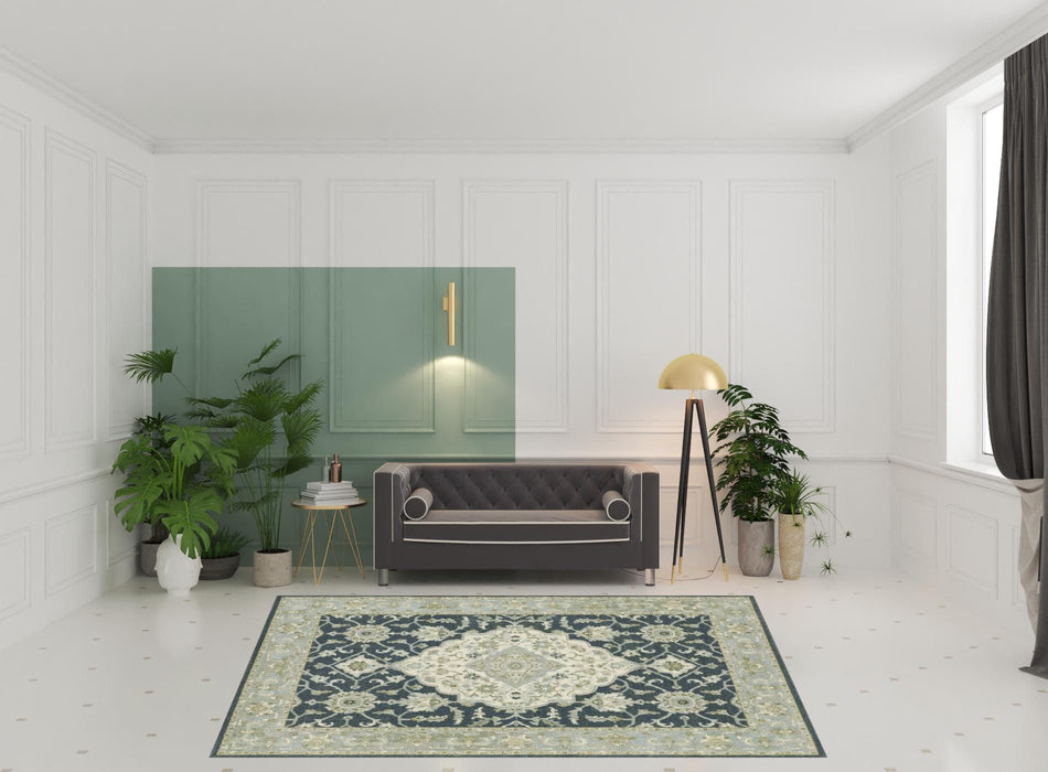 8' x 10' Oriental Power Loom Stain Resistant Area Rug - Teal Blue Ivory Green And Gray