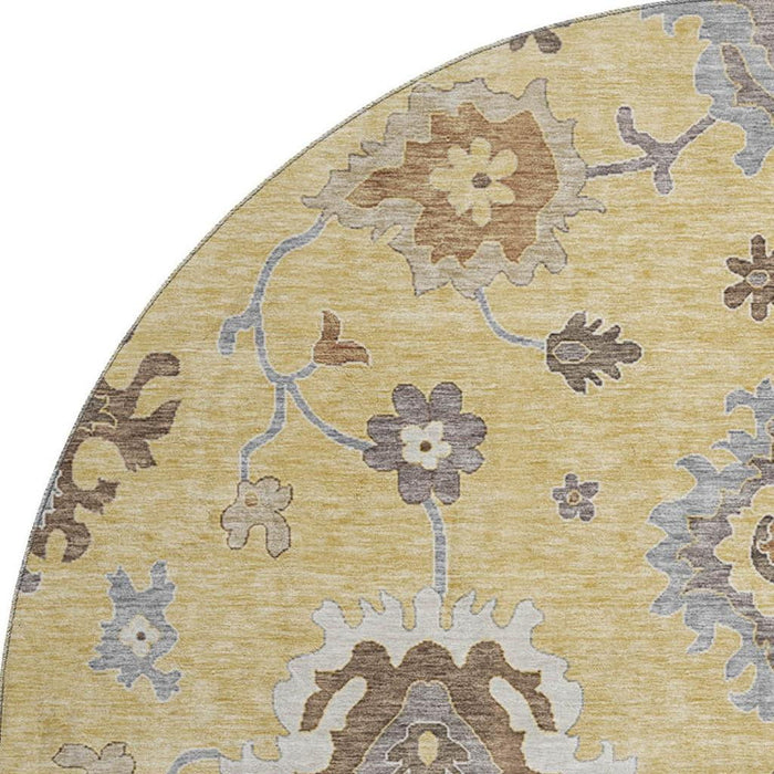 8' Floral Medallion Washable Round Rug With UV Protection - Gold