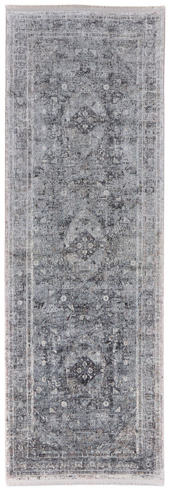 8' Oriental Power Loom Worn Faded Runner Rug - Gray And Silver