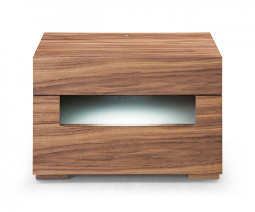 Dazzling Contemporary Led Nightstand With Two Drawers - Walnut
