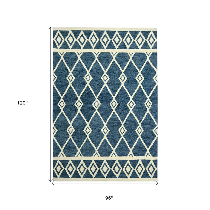 8' X 10' Wool Argyle Hand Hooked Area Rug - Blue And Ivory