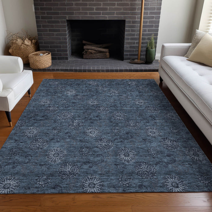 10' X 14' Floral Washable Area Rug With UV Protection - Blue And Ivory