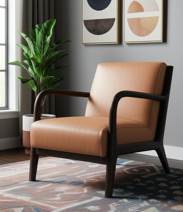 Genuine Leather And Solid Wood Arm Chair - Tan / Dark Brown