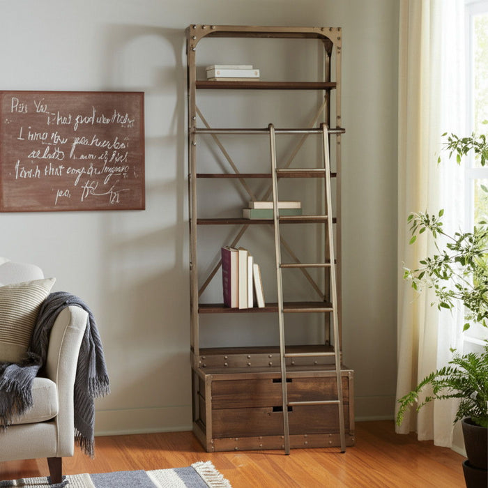 Six Tier Library Bookcase With Two Drawers - Light Brown / Nickel