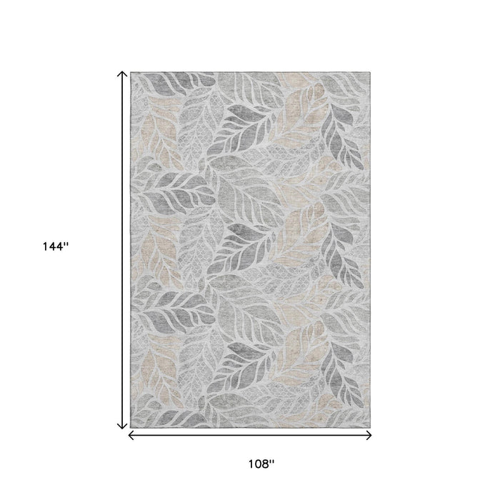 9' X 12' Tropical Botanical Distressed Washable Area Rug With UV Protection (646324) - Light Gray / Taupe / Charcoal