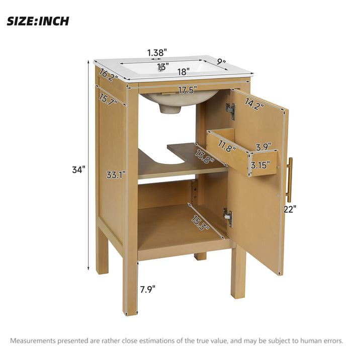Giga bathroom vanity cabinet with sink, natural wood finish, adjustable shelf, soft closing hinges, modern design, in a bathroom setting