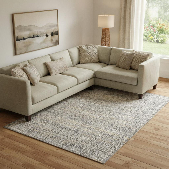 10' X 14' Geometric Distressed Area Rug With Fringe (546447) - Ivory / Slate Gray