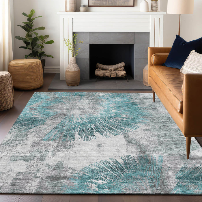 10' X 14' Abstract Washable Area Rug With UV Protection - Teal / Gray