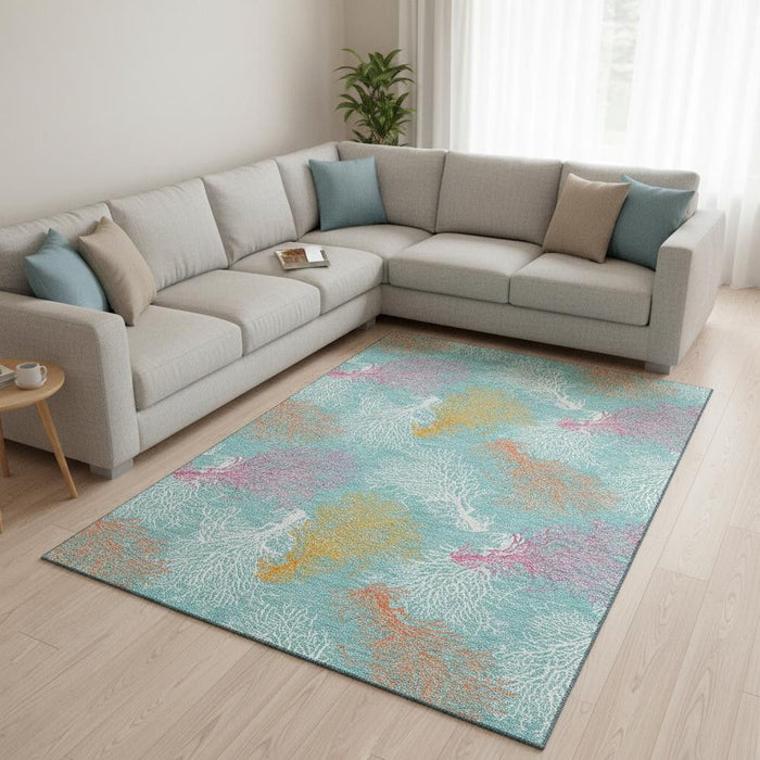 10' X 14' Geometric Washable Area Rug With UV Protection (645744) - Aqua / Orange / Pink