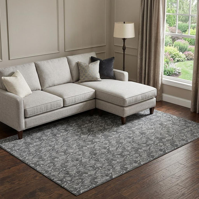 9' X 12' Floral Washable Area Rug With UV Protection (656441) - Gray / Silver
