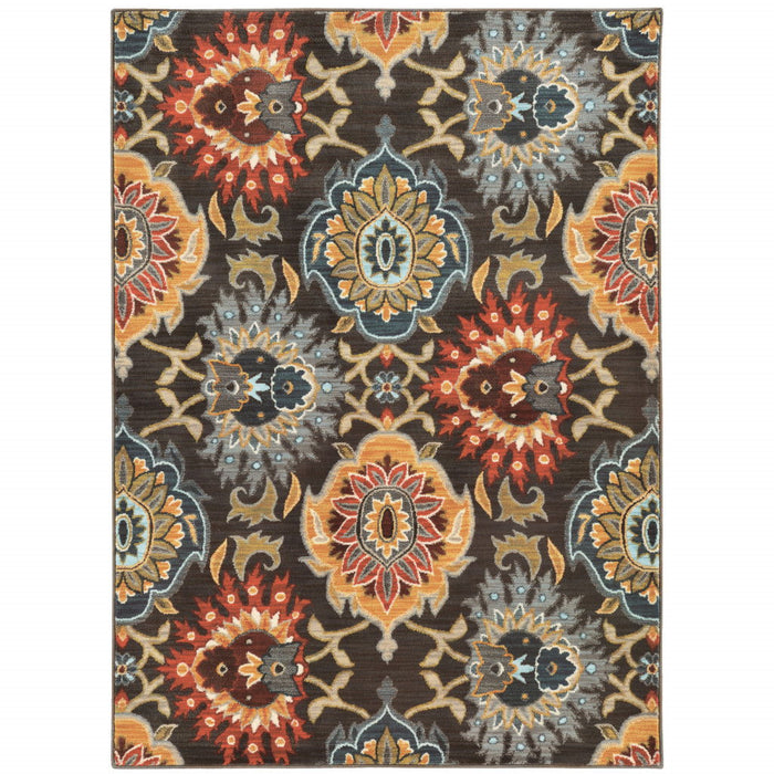 10' x 13' Floral Power Loom Stain Resistant Area Rug - Brown Gray Rust Red Gold Teal And Blue Green