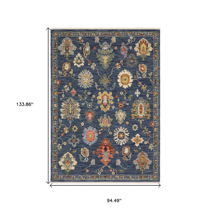 8' X 11' Oriental Area Rug With Fringe - Blue And Red