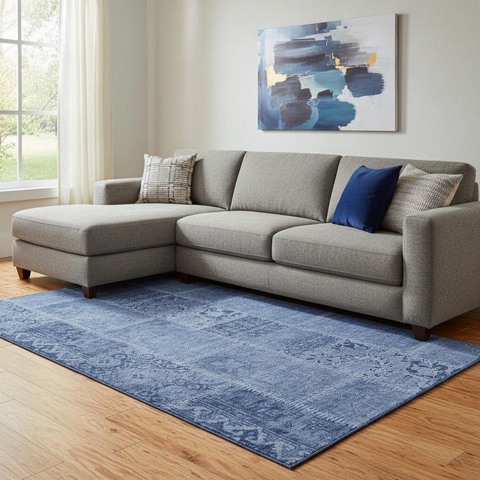 8' X 10' Patchwork Washable Area Rug With UV Protection (653252) - Navy Blue / Ivory