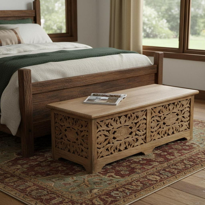 Solid Wood Floral Storage Ottoman - Brown