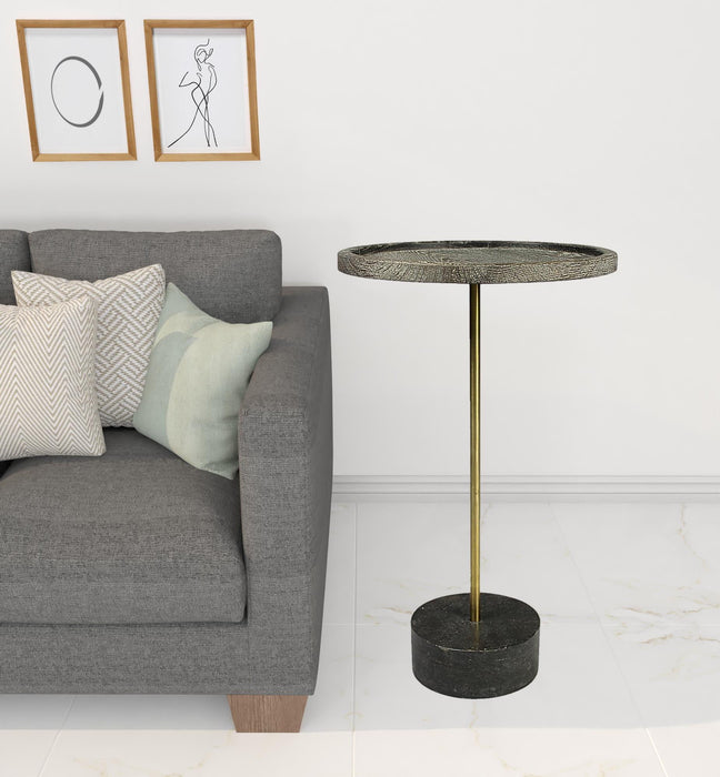 26" Solid Wood And Marble Round End Table - Black And Brown