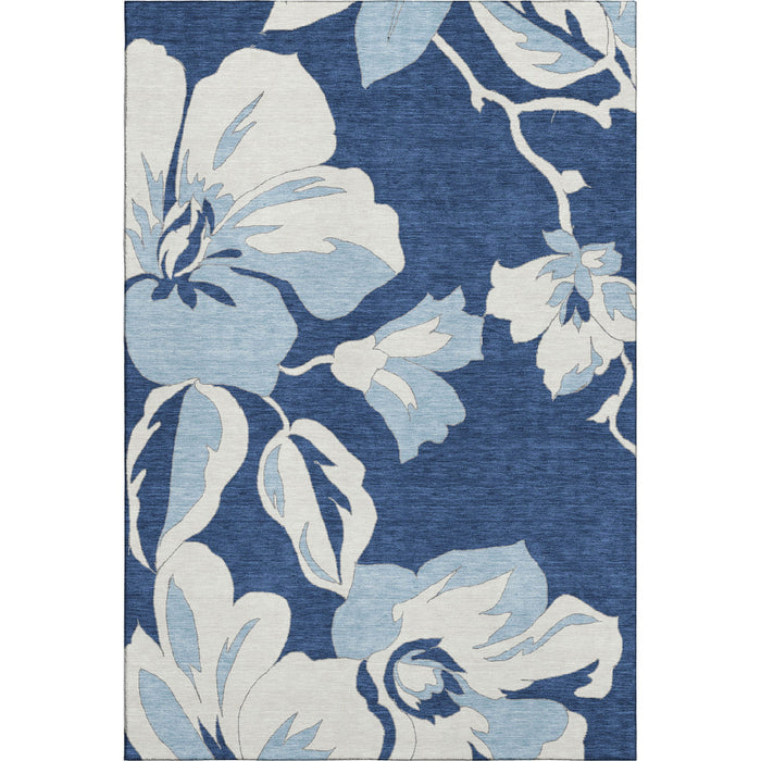 10' X 14' Floral Washable Area Rug With UV Protection (667999) - Navy Blue / Ivory
