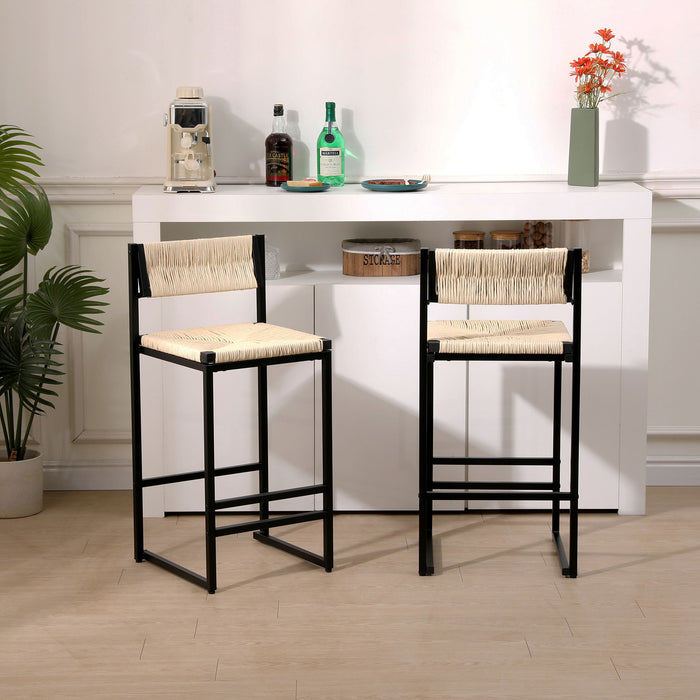 Set of 2 Giga bar stools with paper rope weave, back support, ideal for kitchen island, bar, and counter seating.