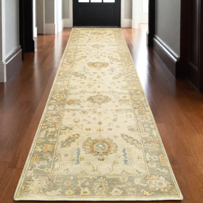 10' Wool Oriental Hand Knotted Runner Rug - Beige And Gray