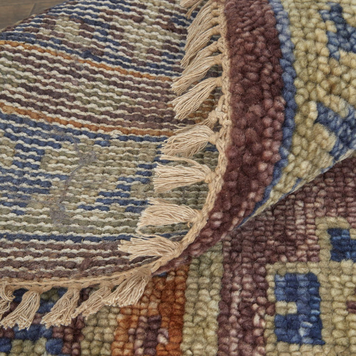 10' Wool Geometric Hand Knotted Runner Rug With Fringe - Blue Red And Tan