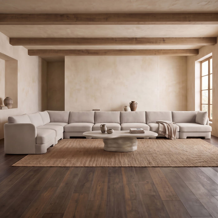 Meridian Furniture Hammond velvet performance fabric 8-piece L-shaped sectional sofa, stationary design with plush upholstery.