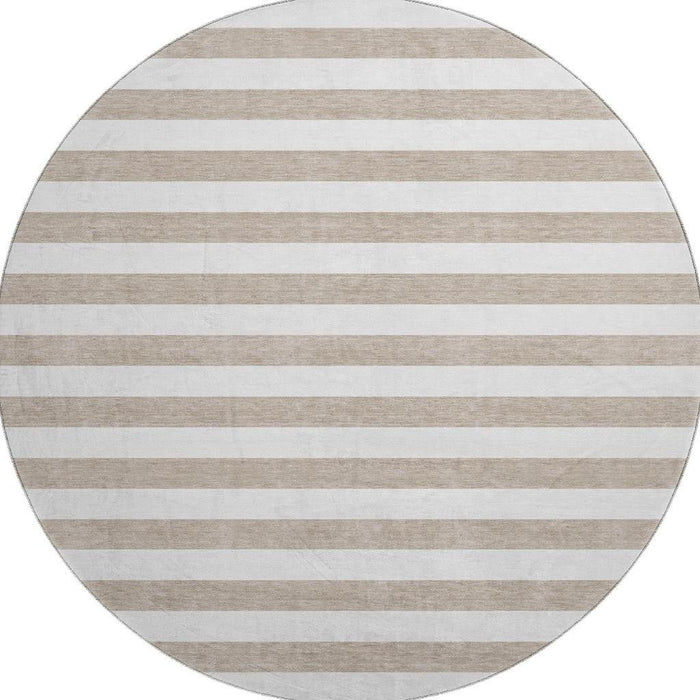 8' Striped Washable Round Rug With UV Protection (647665) - Taupe / Ivory