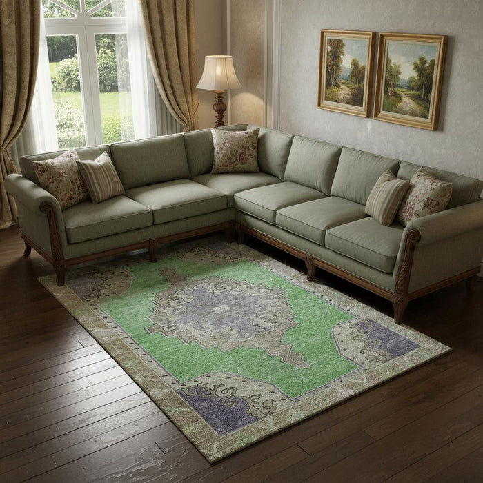 10' X 14' Oriental Washable Area Rug With UV Protection (699466) - Lime Green / Lavender / Brown