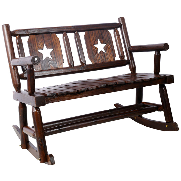 Rustic brown outdoor wood double rocking bench by Giga with curved seats, perfect for porch seating for two persons.