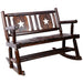Rustic brown outdoor wood double rocking bench by Giga with curved seats, perfect for porch seating for two persons.