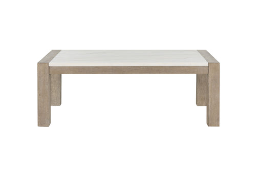 Modern coffee table with a natural wood top and white legs, from Global Furniture USA, perfect for contemporary living rooms.